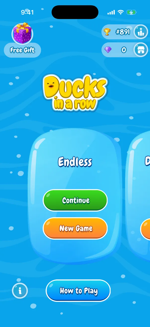 Home screen with the Endless mode card, a free gift and the shop